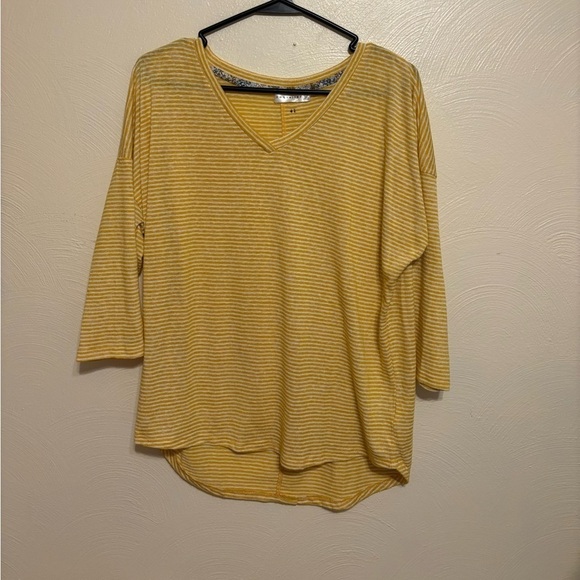 retrology Tops - Striped V-Neck Blouse in Yellow